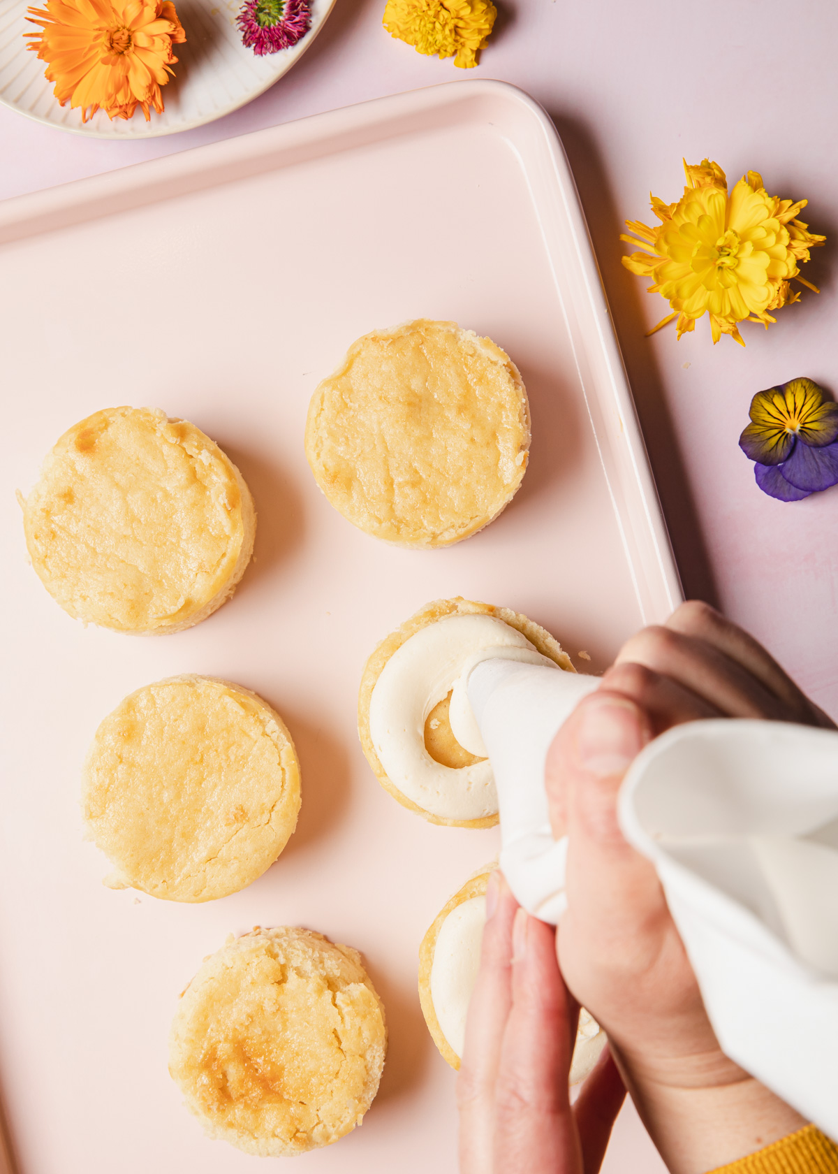 Piping buttercream on the bottom layers of mini cake rounds 