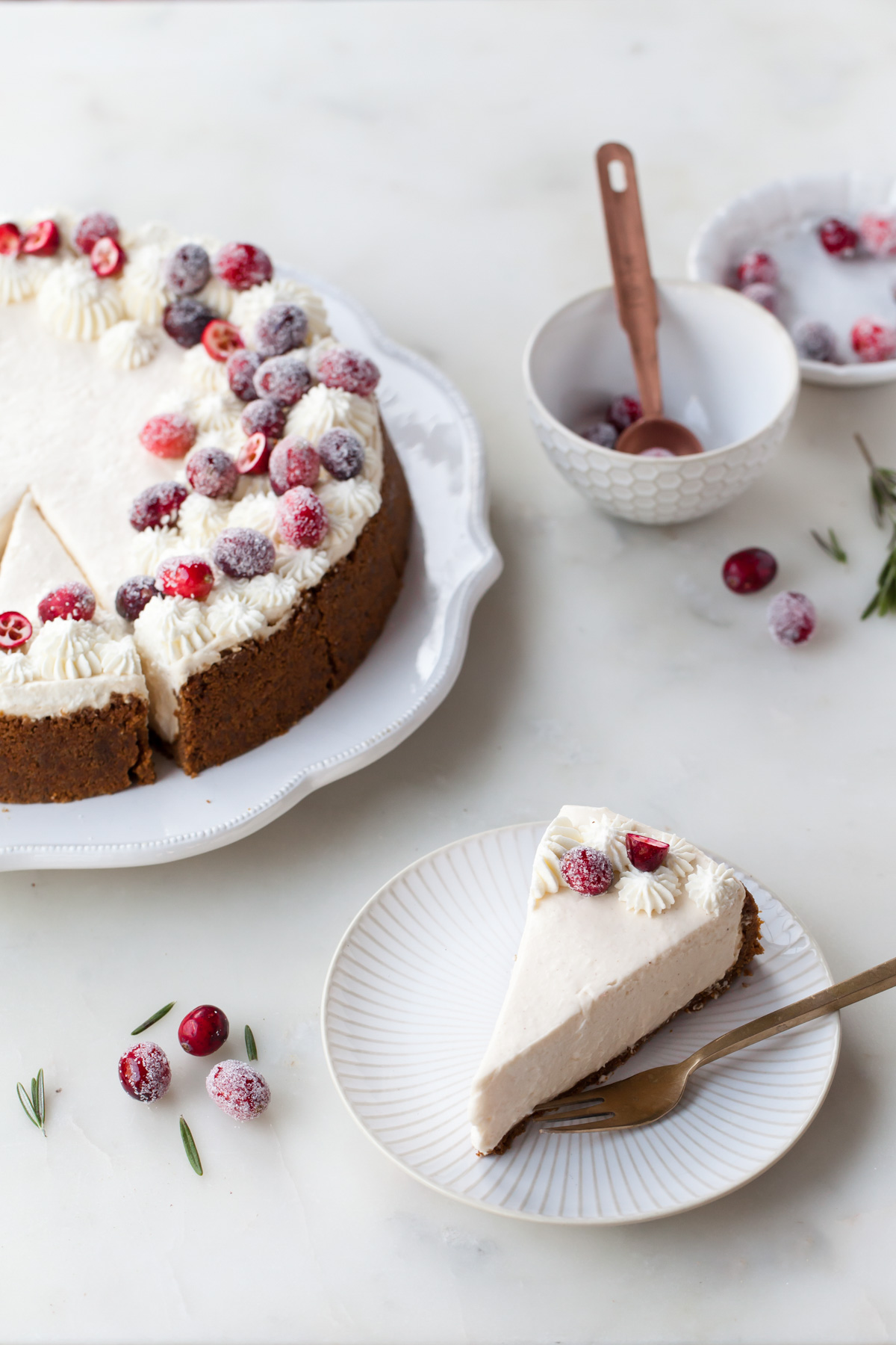 Eggnog cheesecake dressed up with sparkling cranberries