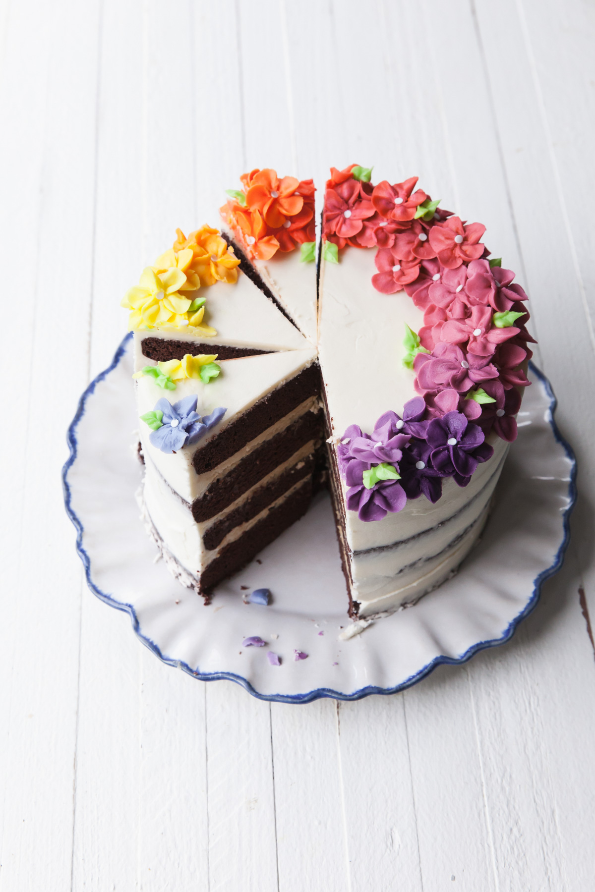 A chocolate cake with rainbow buttercream flowers on top