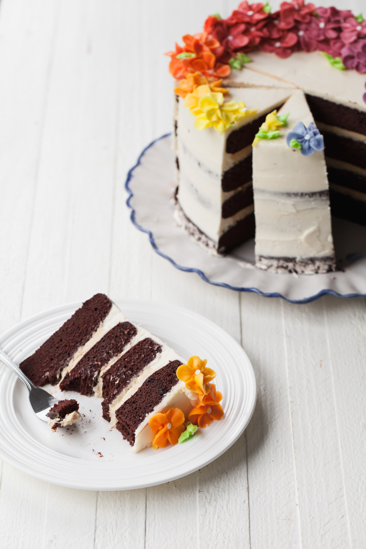 A sliced chocolate layer cake with colorful buttercream flowers