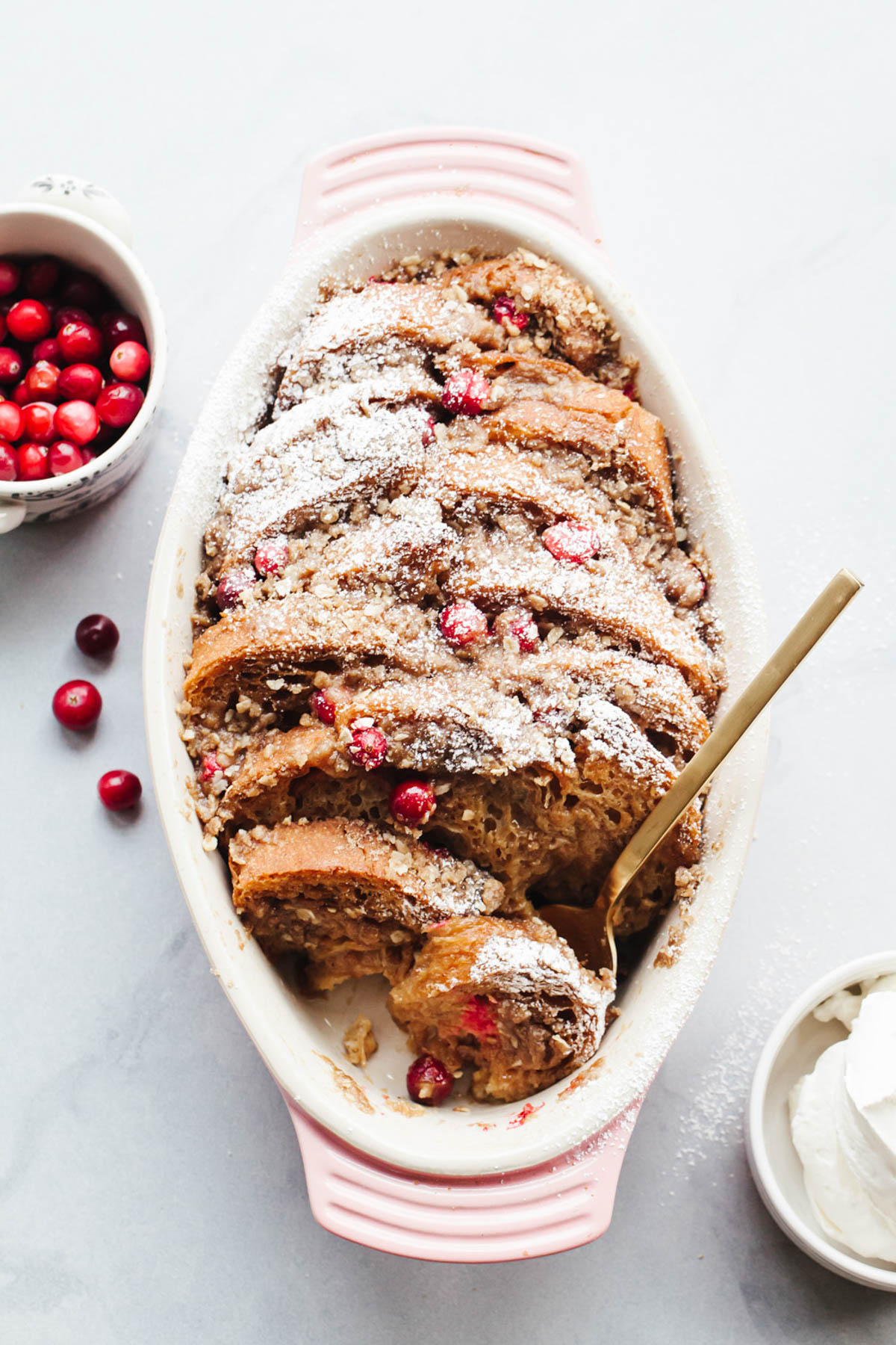A baking dish with baked gingerbread French toast