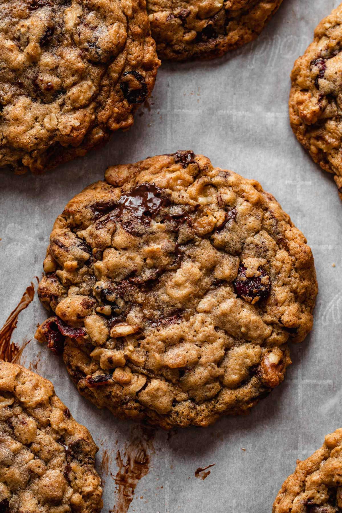 A close-up image of an oatmeal cookies on a baking sheet with parchment paper