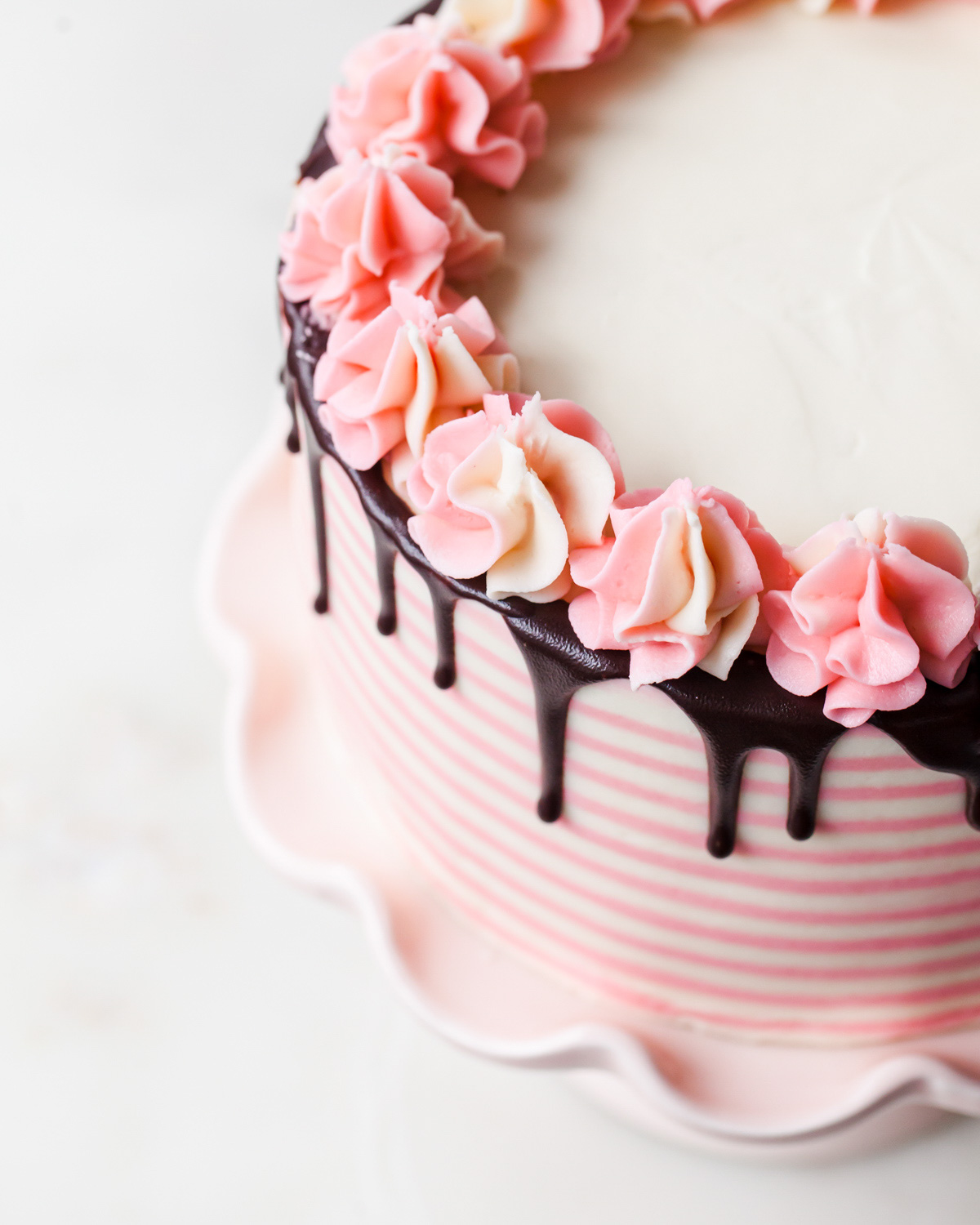 Close up of a chocolate peppermint cake with a chocolate drip