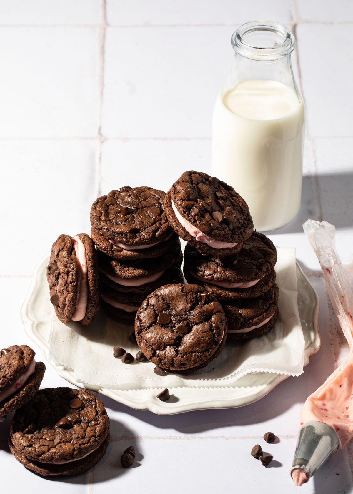 A stack of chocolate peppermint sandwich cookies