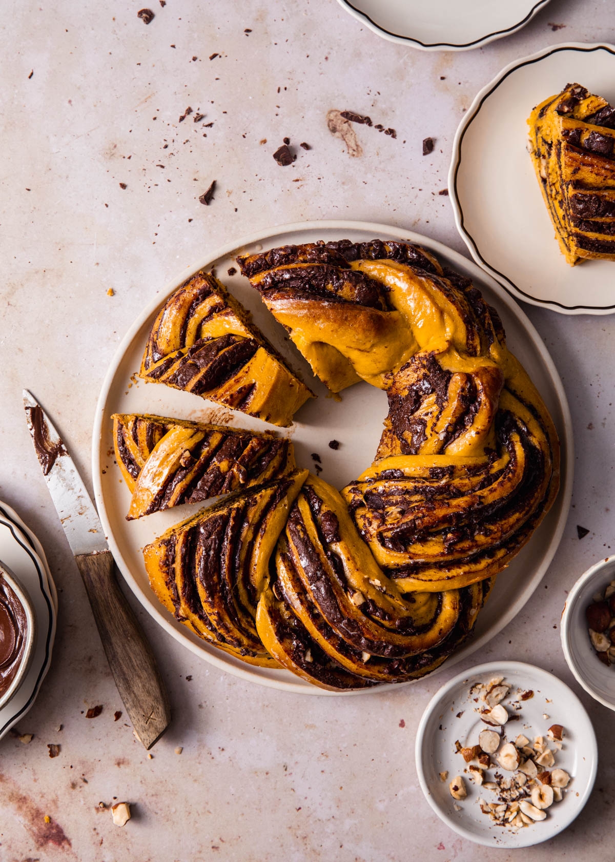 A pumpkin babka wreath with chocolate hazelnut filling.