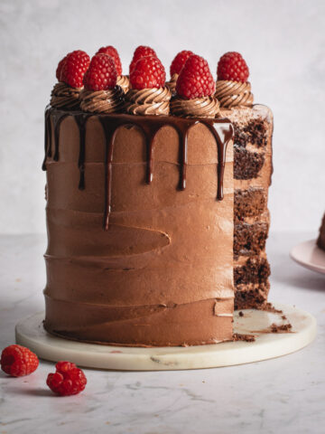 Chocolate brownie cake with Nutella frosting, raspberries, and chocolate drip