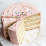 Slices of butter cake with pink frosting