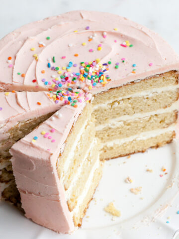 Slices of butter cake with pink frosting