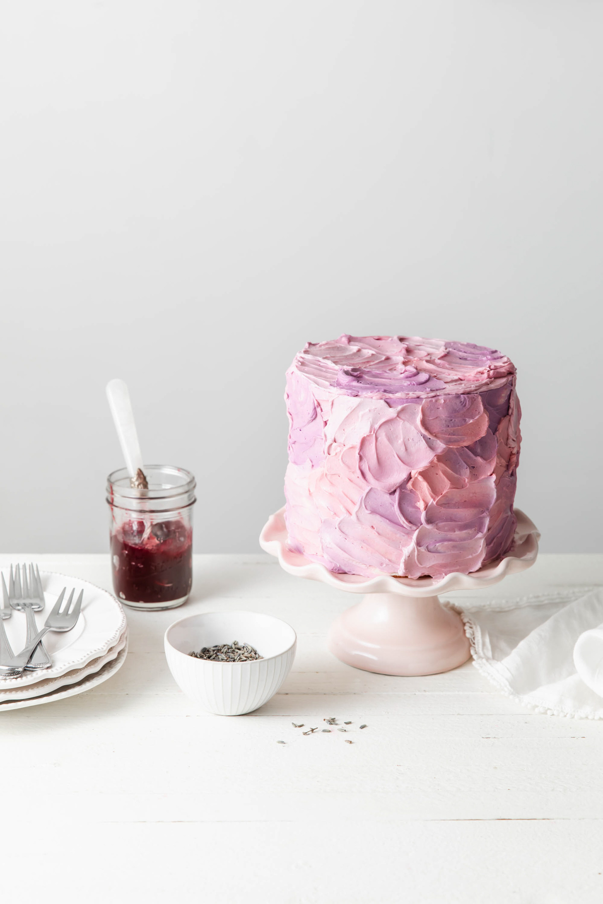 6-layer blackberry lavender cake with swirly purple buttercream