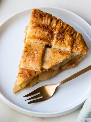a slice of butterscotch pear pie