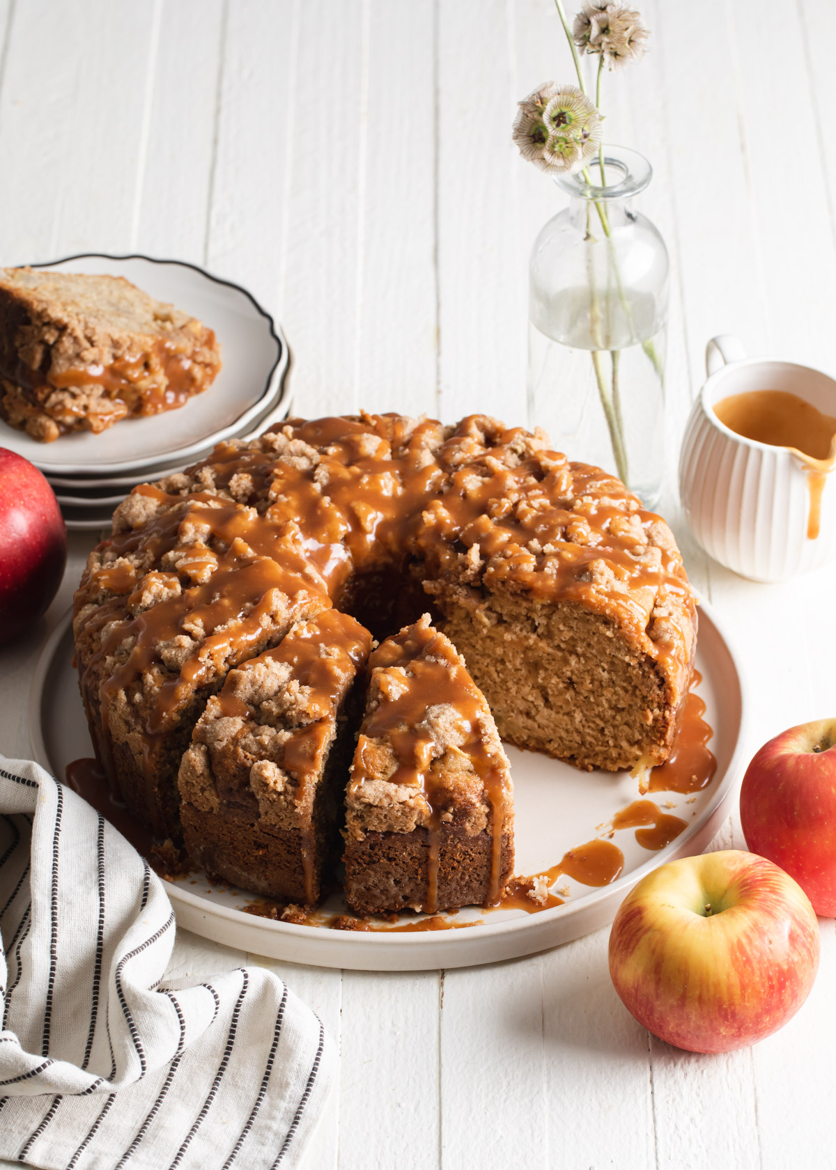 Caramel apple coffee cake with a few slices removed