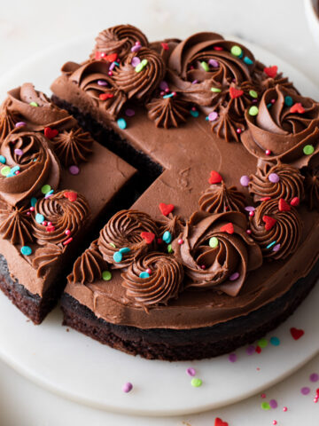 A mini chocolate cake with fudge frosting and spinkles