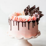 A pink and white striped chocolate cake with chocolate glaze on top and peppermint bark