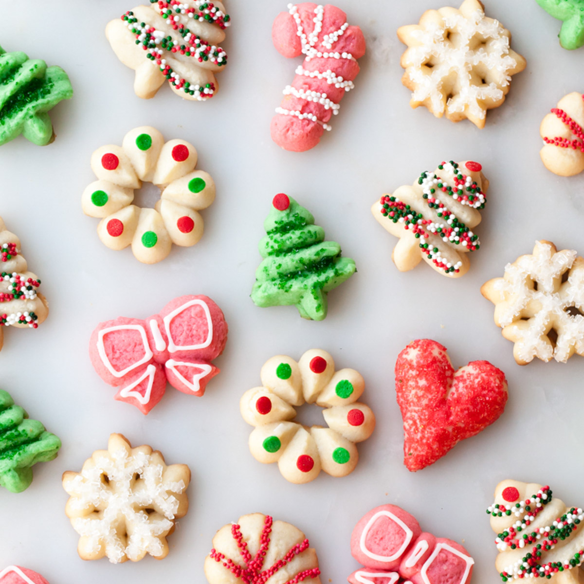 White, pink, and green Christmas spritz cookies