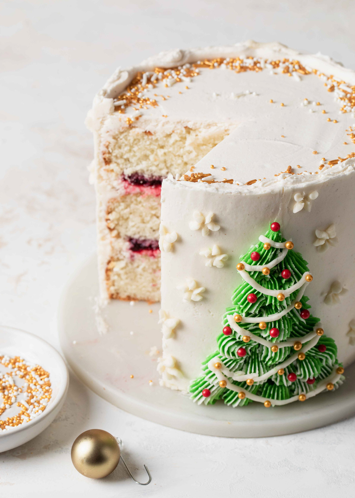 Close-up of a Christmas Tree cake with buttercream piping