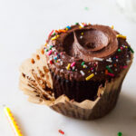 Devil's food cupcake with chocolate fudge frosting and sprinkles