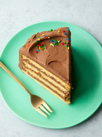 a slice of four-layer yellow cake with fudge frosting and sprinkles