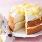 Two layers of chiffon cake with lemon curd and mascarpone frosting
