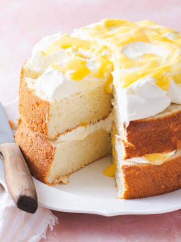 Two layers of chiffon cake with lemon curd and mascarpone frosting
