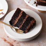 A slice of moist chocolate cake with fudge frosting on a white plate