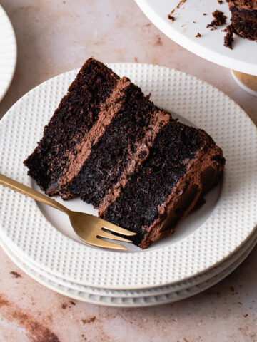 A slice of moist chocolate cake with fudge frosting on a white plate