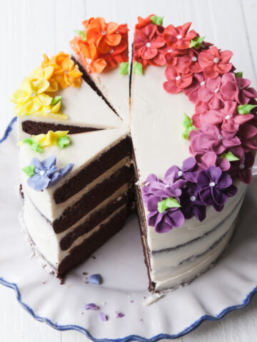 A rainbow flower cake with buttercream