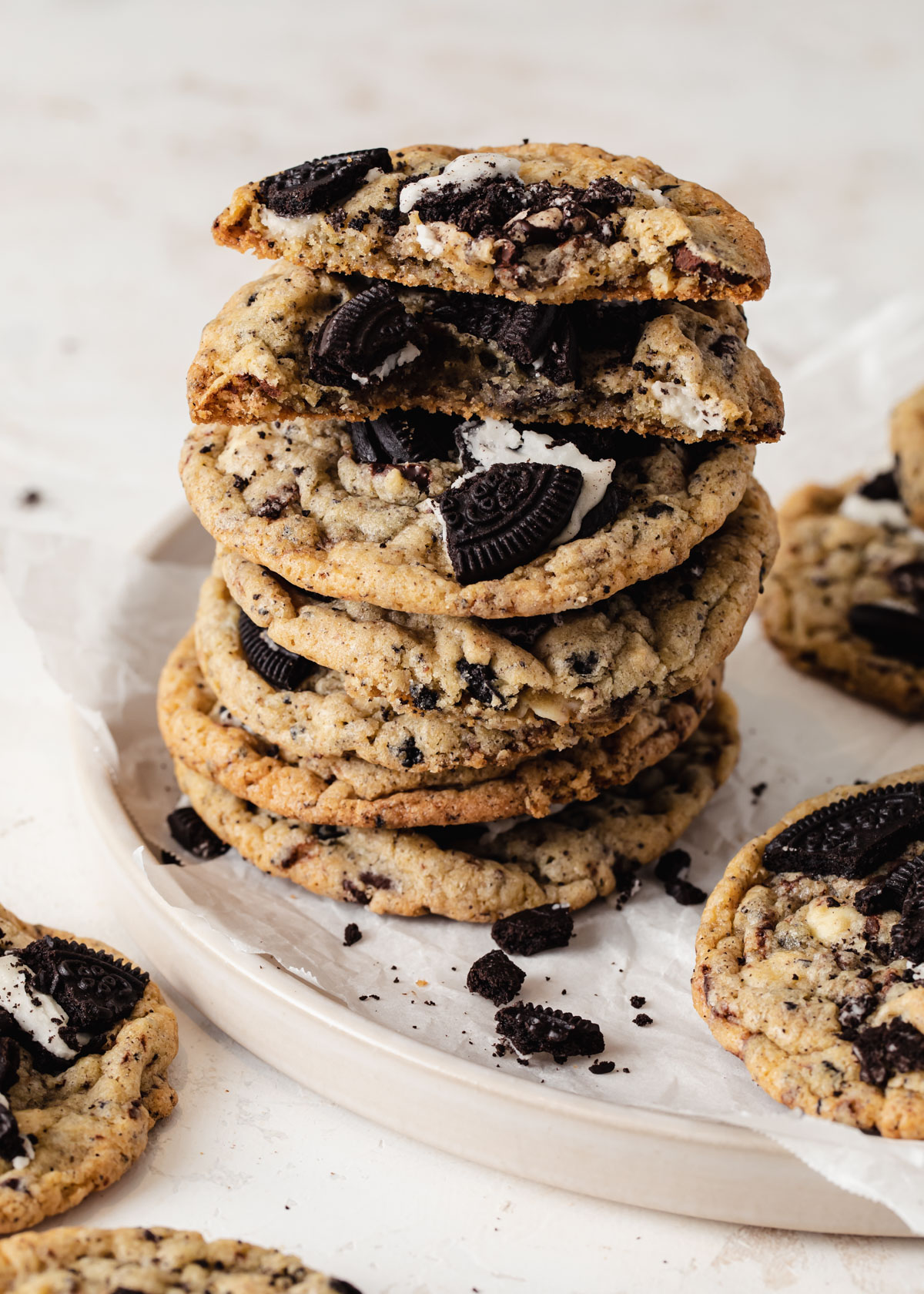 A stack of Oreo chocolate chip cookies on a platter