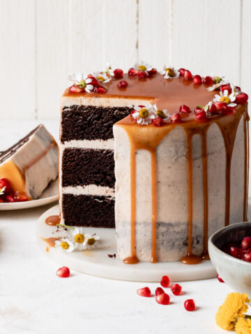 chocolate brownie cake layered with buttercream and caramel sauce