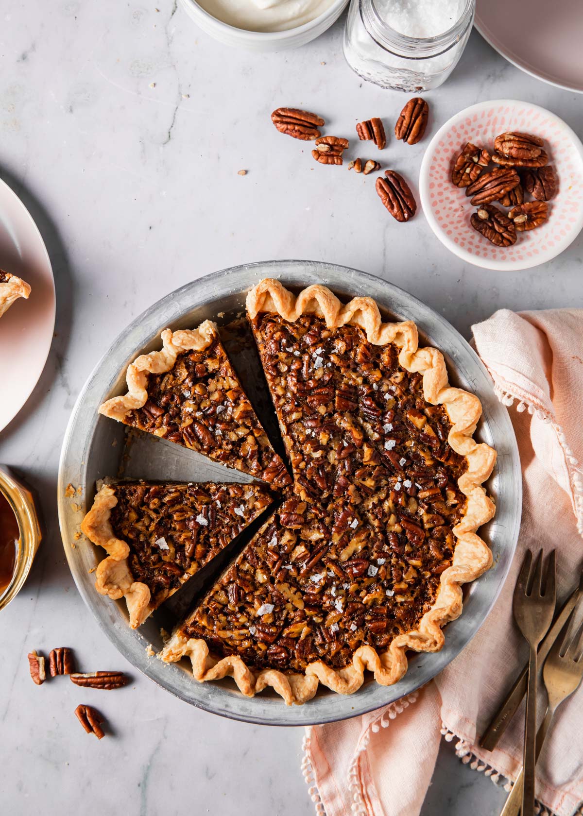 A baked pecan pie made without corn syrup