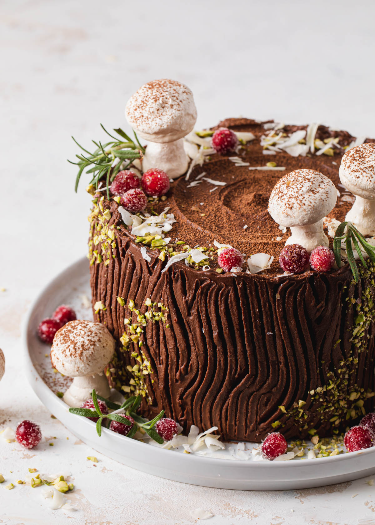Chocolate buche de Noël tree stump cake with meringue mushrooms and sparkling cranberries