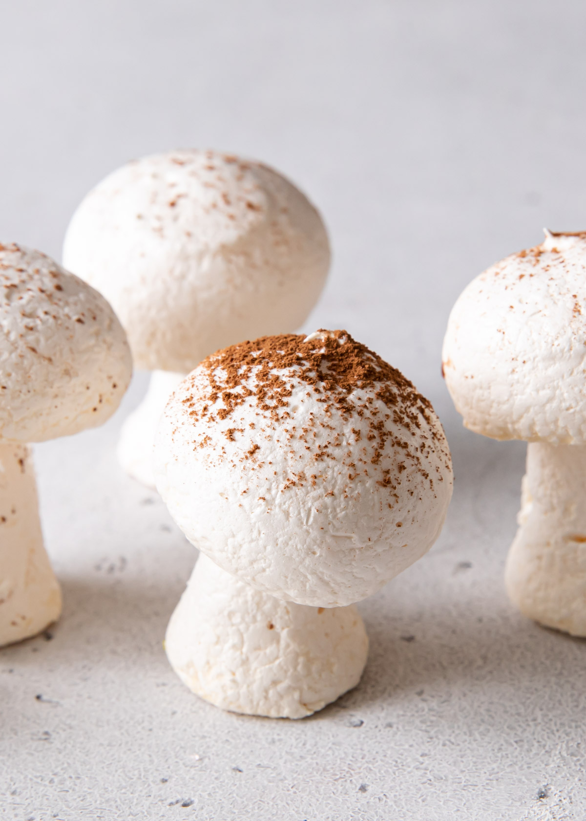 Close up shot of meringue mushrooms