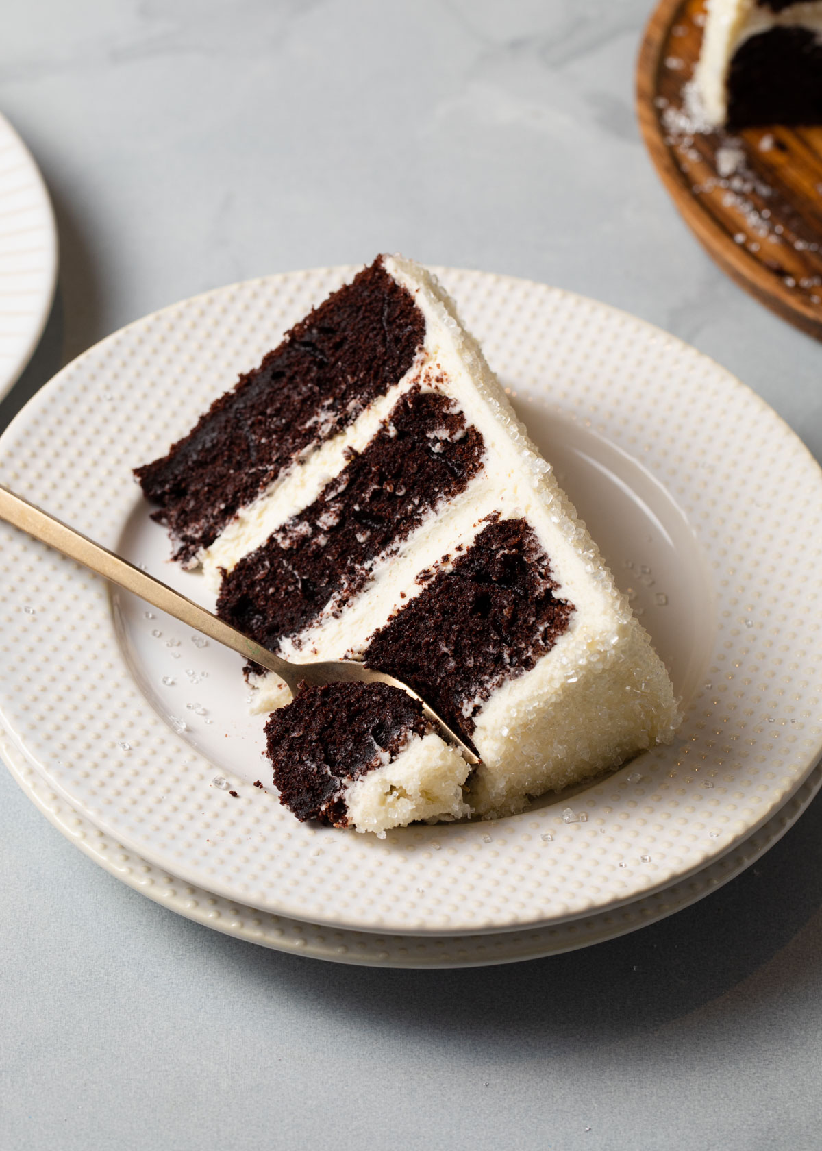 A slice of chocolate peppermint cake on a plate