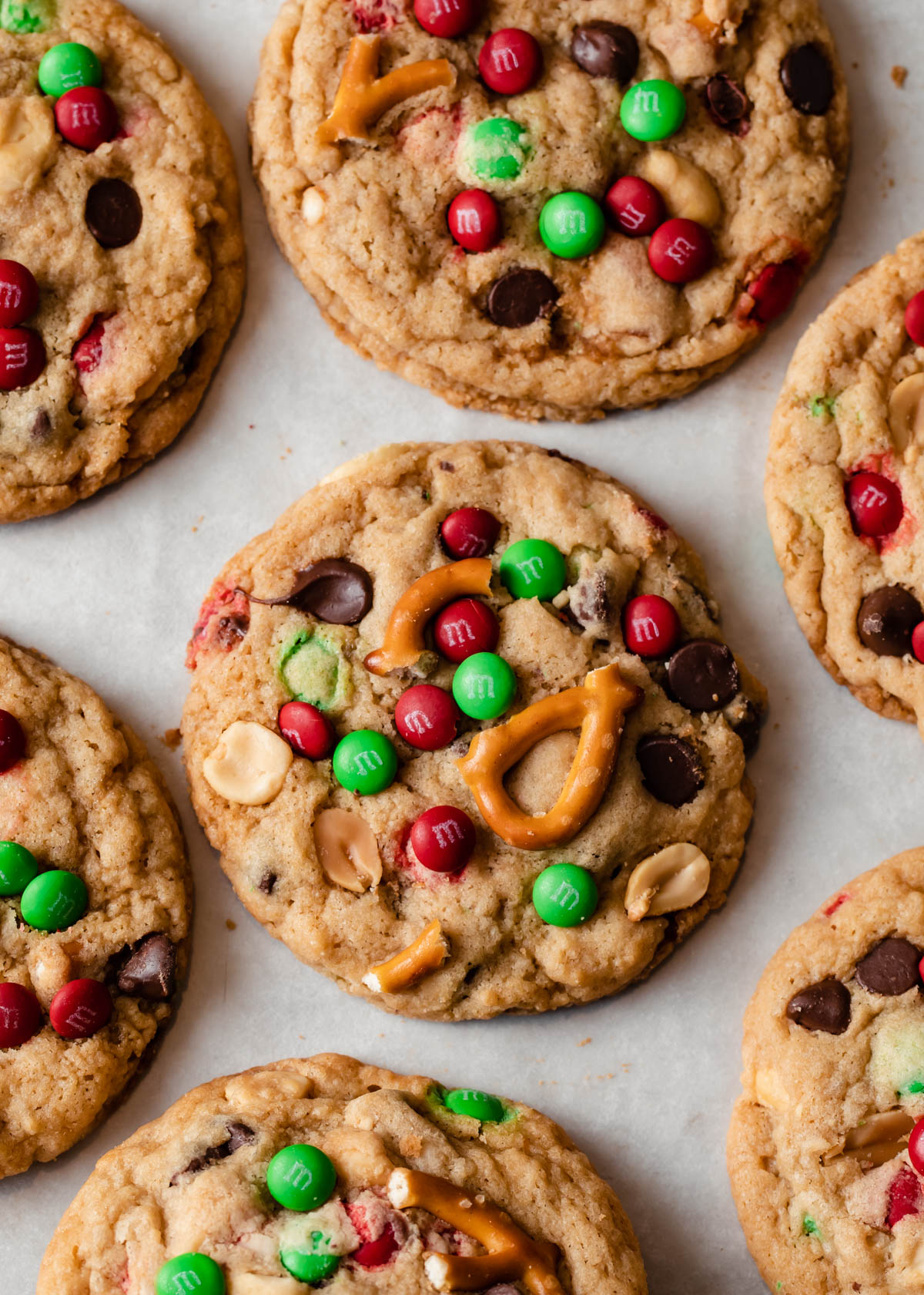 Kitchen sink cookies with mini m&ms, peanuts, and pretzel pieces