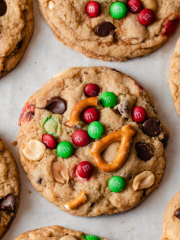 Kitchen sink cookies with mini m&ms, peanuts, and pretzels