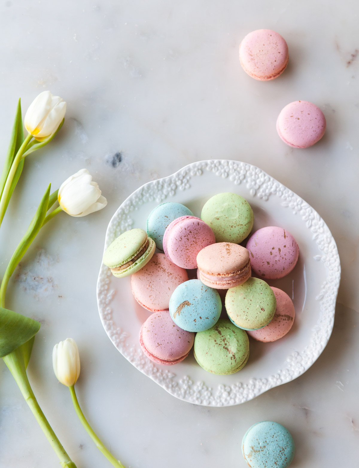 A plate of pretty pastel French macarons 