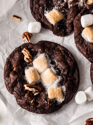 Chewy Rocky Road Cookies with toasted mini marshmallows and pecans