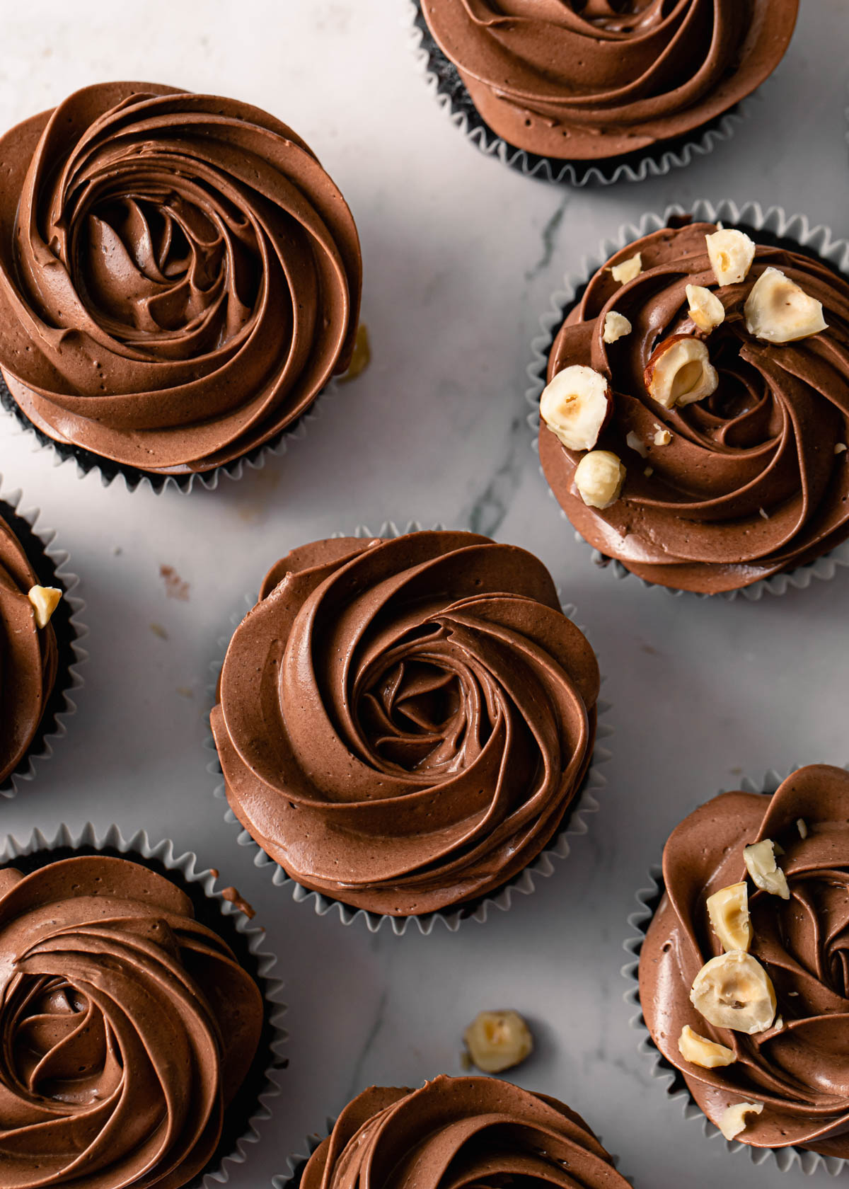An overhead image of chocolate cupcakes with swirls of Nutella buttercream