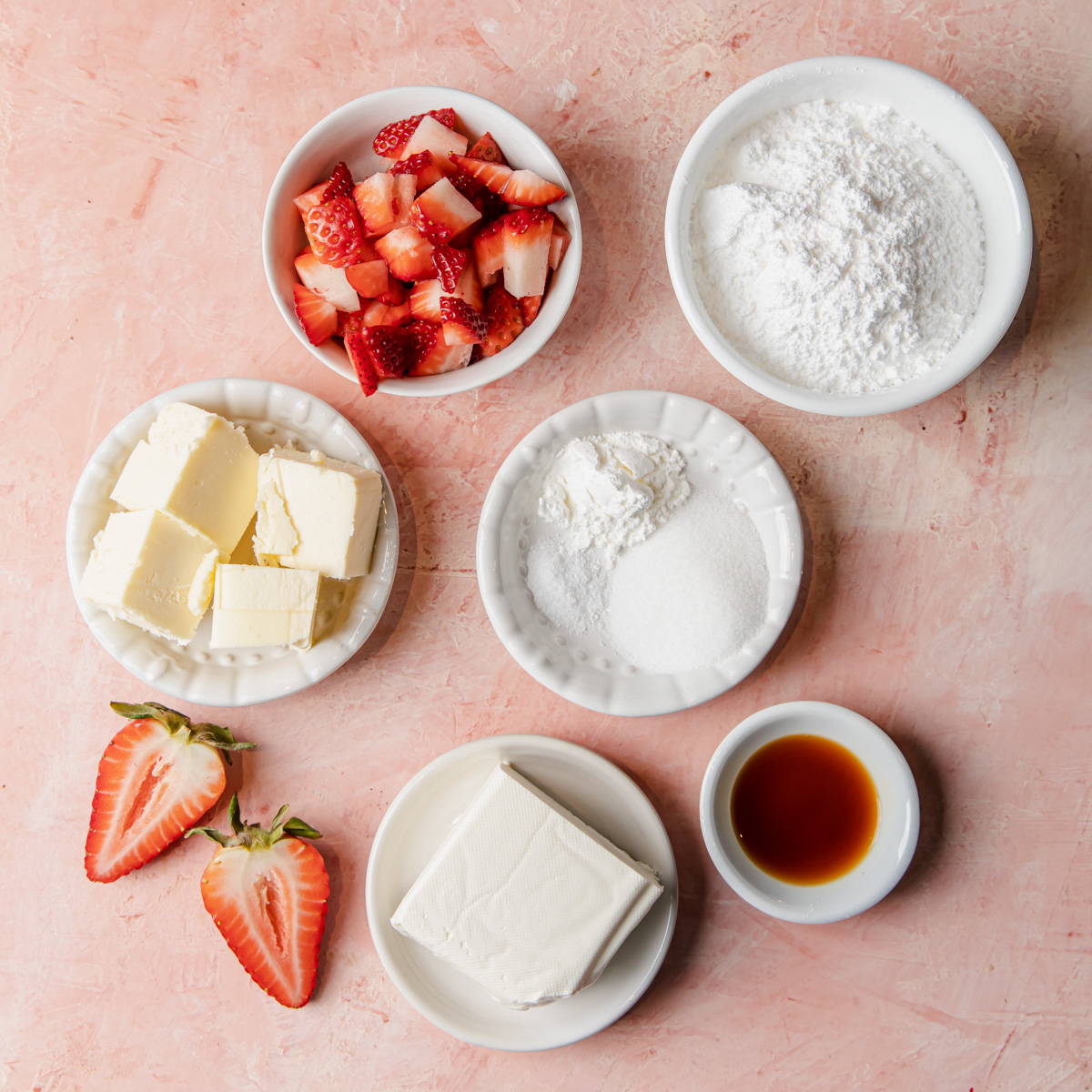 Ingredients needed to make strawberry cream cheese frosting