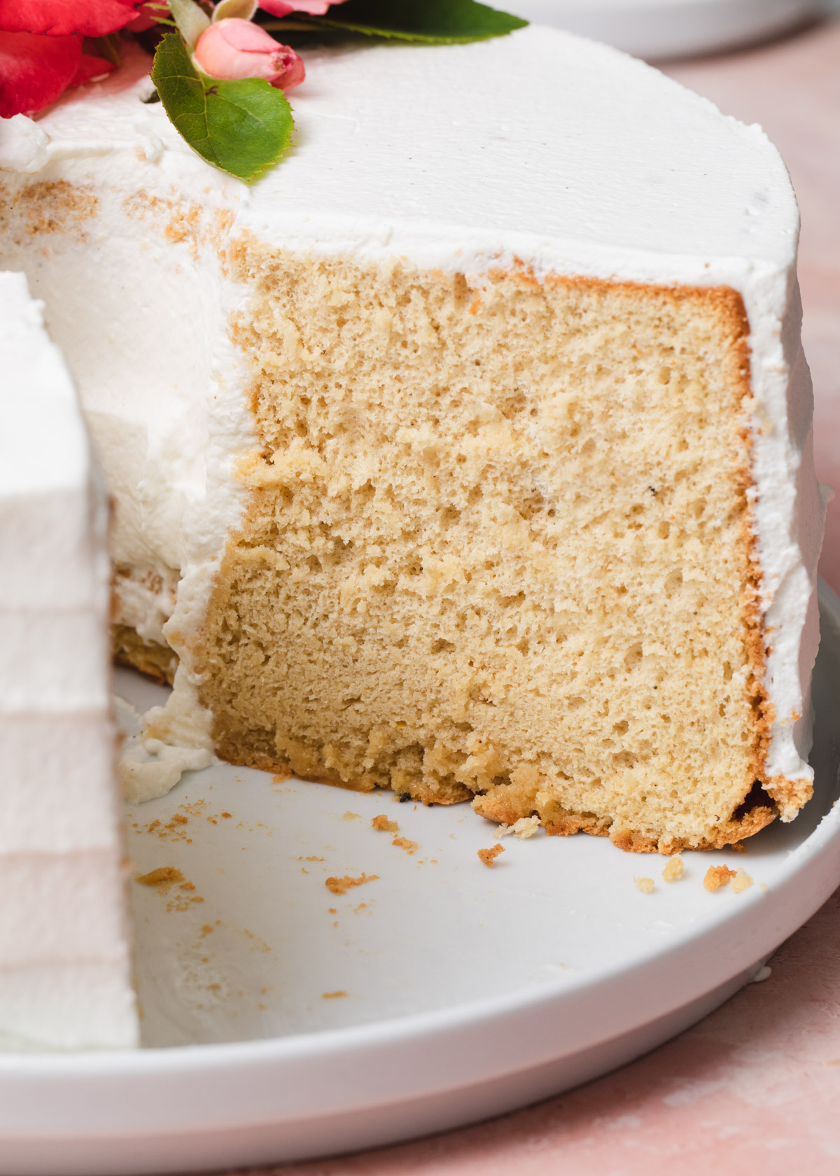 A close-up of the inside of an earl grey chiffon cake