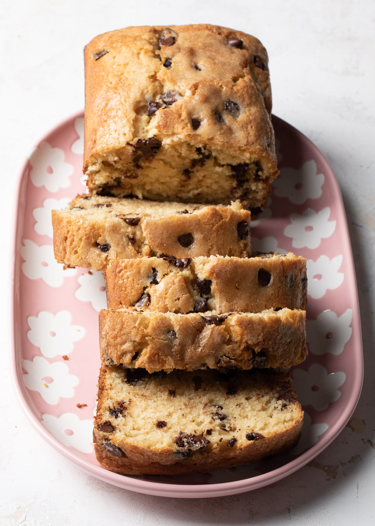A full platter of slices of Chocolate Chip Pound Cake