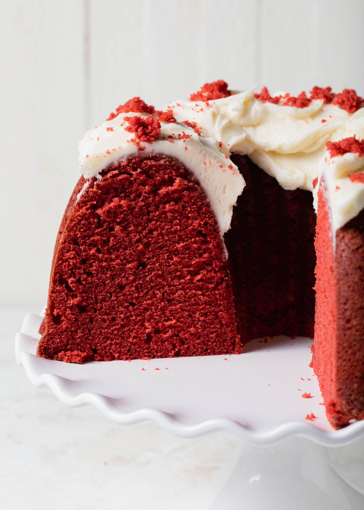 A close-up of a sliced Red Velvet Bundt Cake