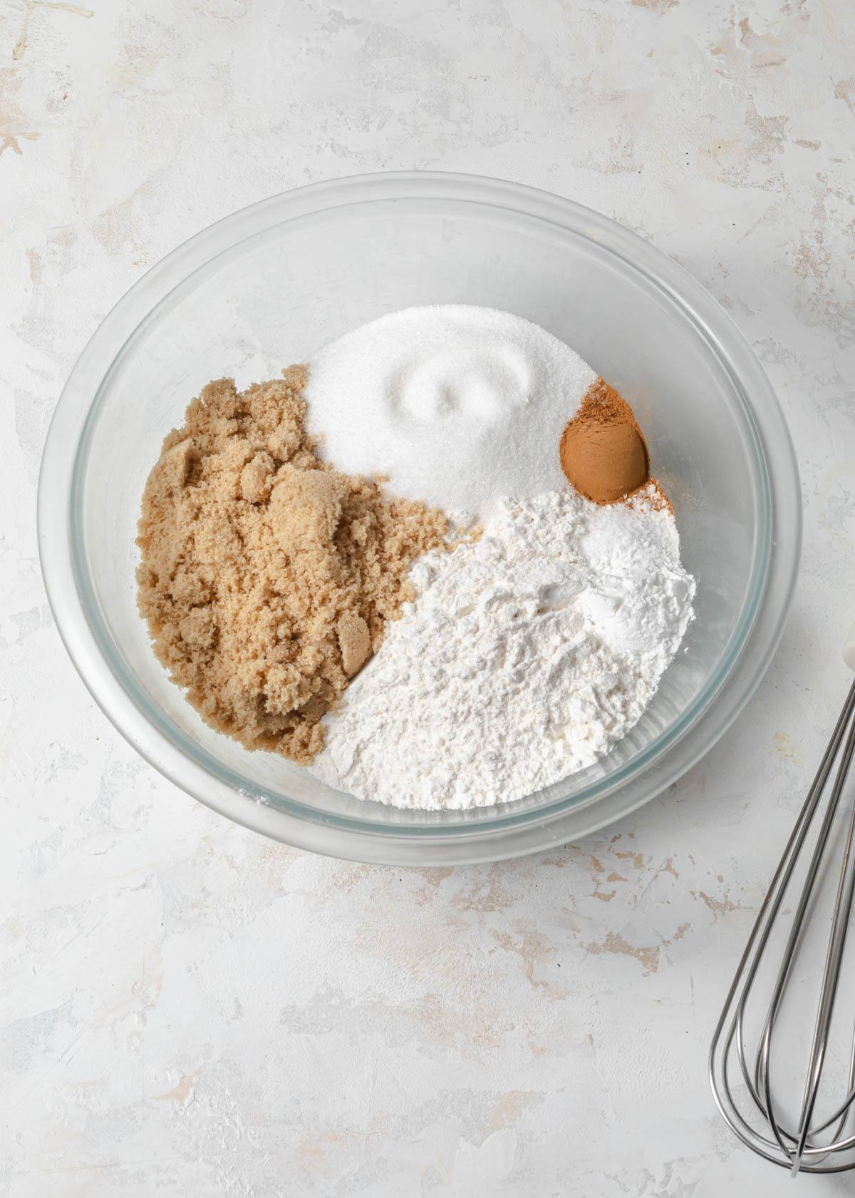 white sugar, brown sugar, flour, cinnamon, and salt in a glass bowl