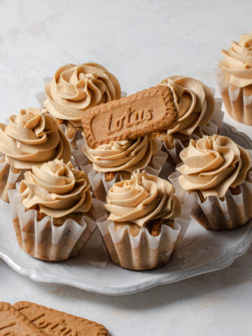 Biscoff cupcakes with piped cookie butter frosting on top