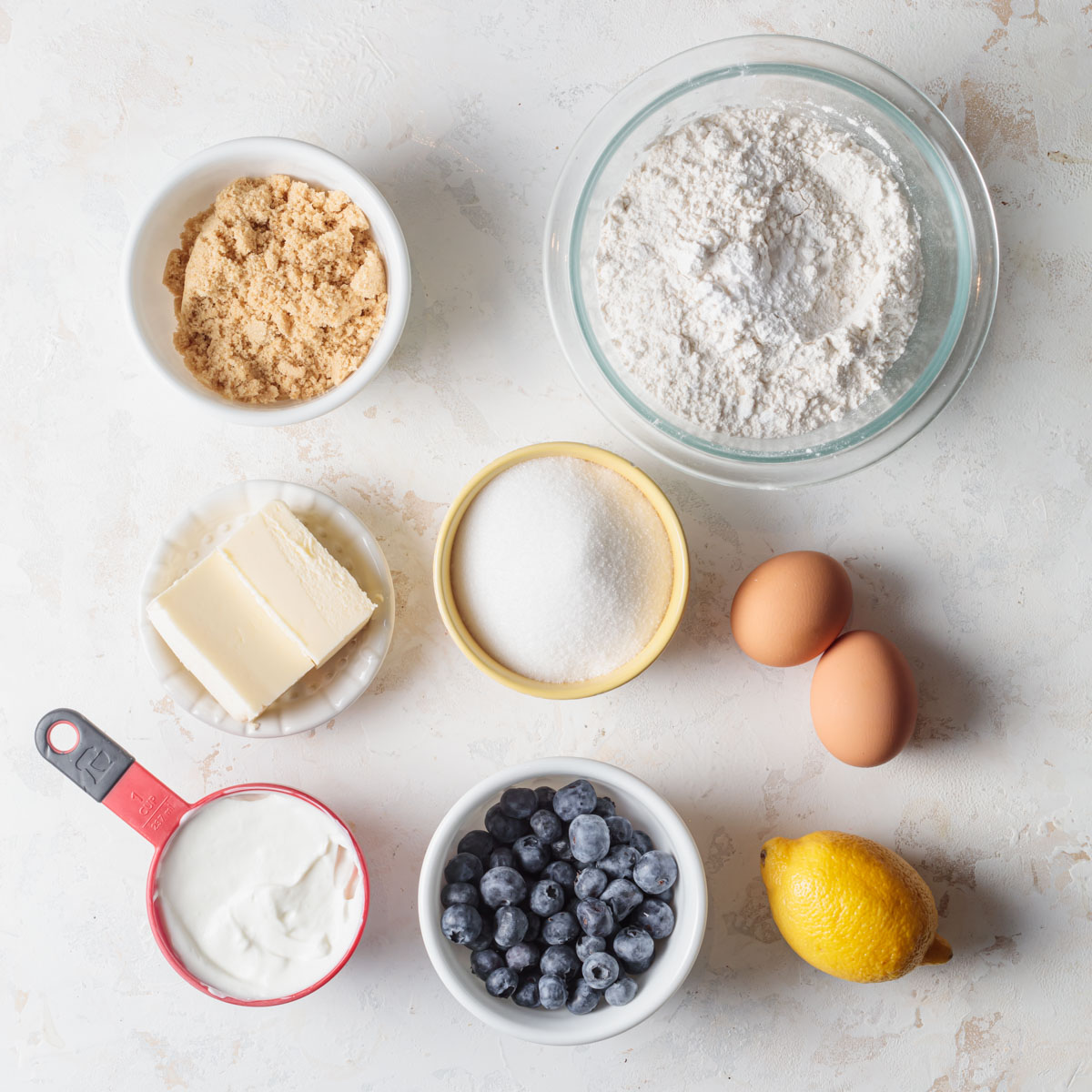 An image of all the ingredients needed to blueberry lemon crumb cake