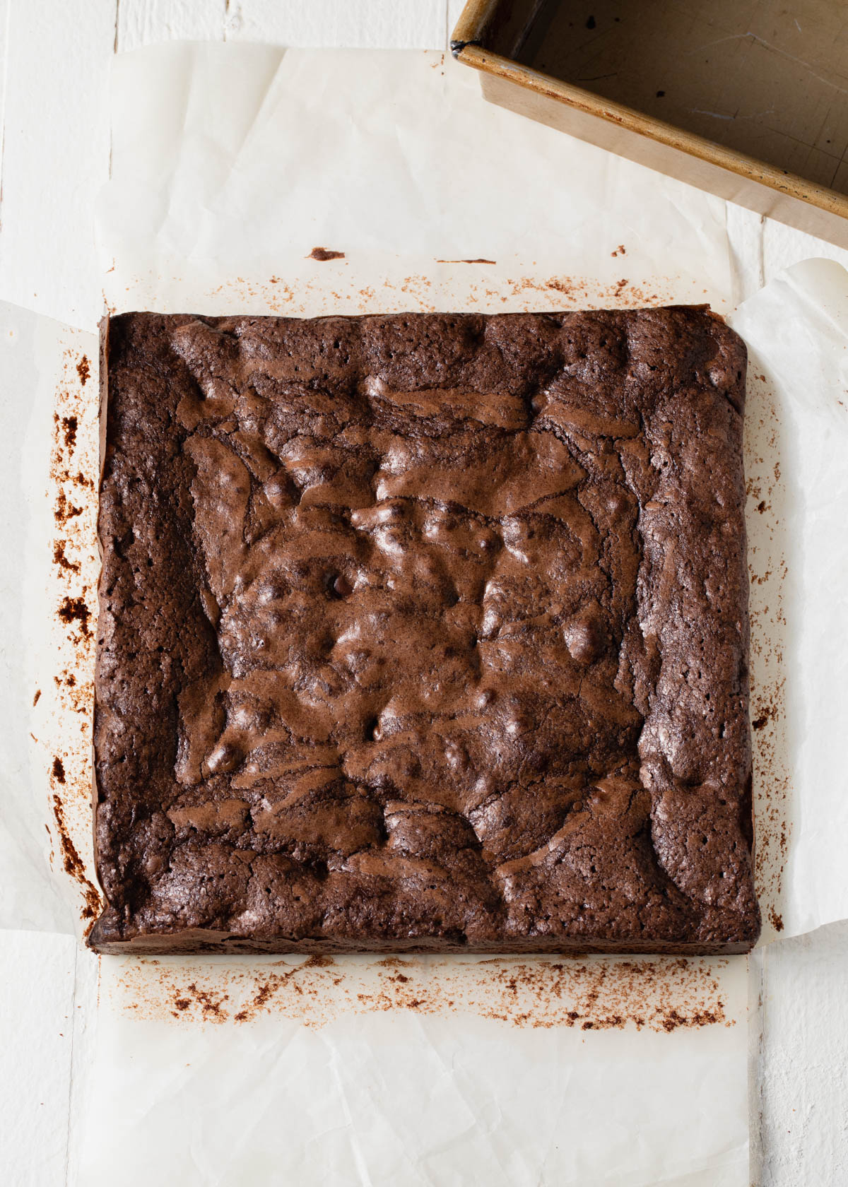 Baked cocoa powder brownies with a crinkly top