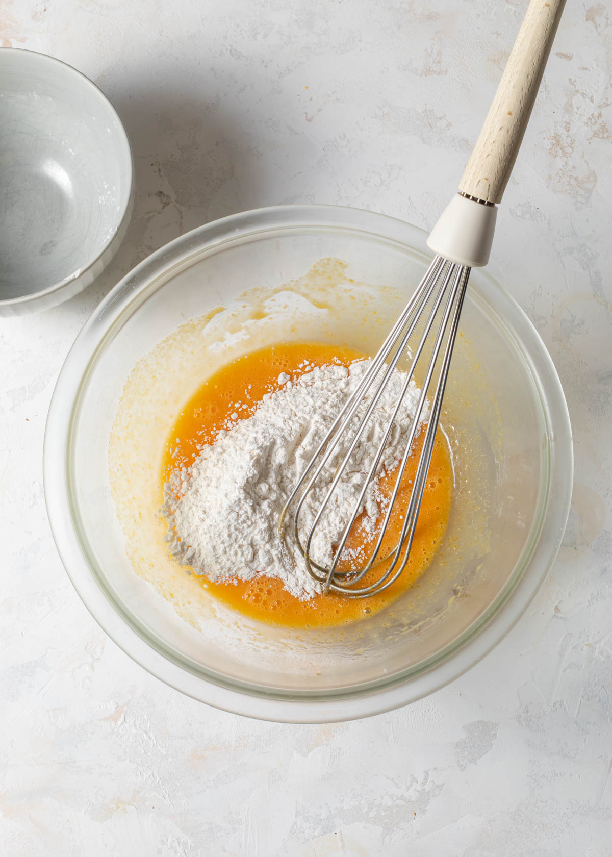 egg yolk batter being mixed with flour