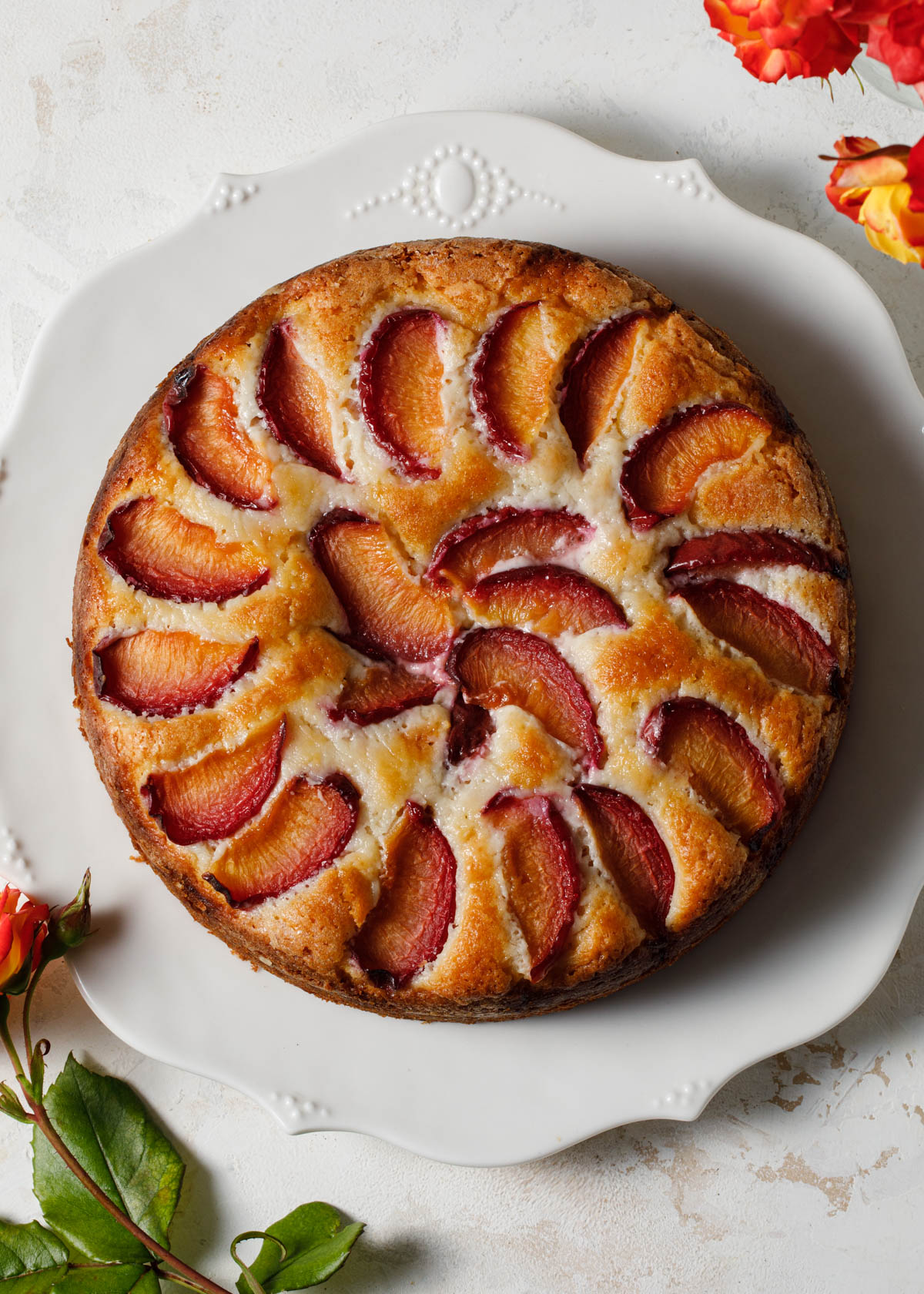 An overhead image of a cake with slices on plum baked in a spiral on top.