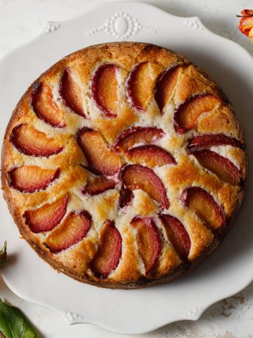 An overhead image of a cake with slices on plum baked in a spiral on top.