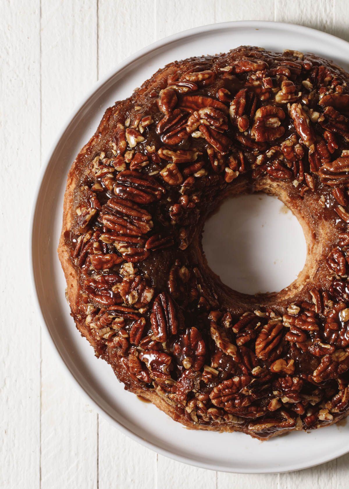 Pecan upside down cake baked in a bundt pan