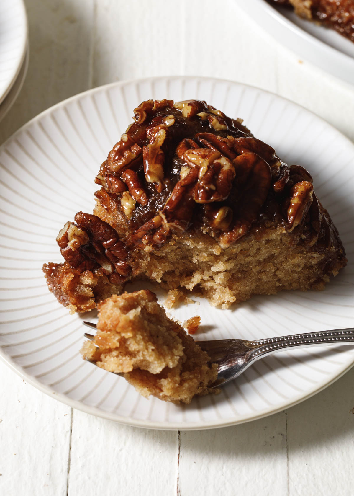 Close up slice of pecan cake